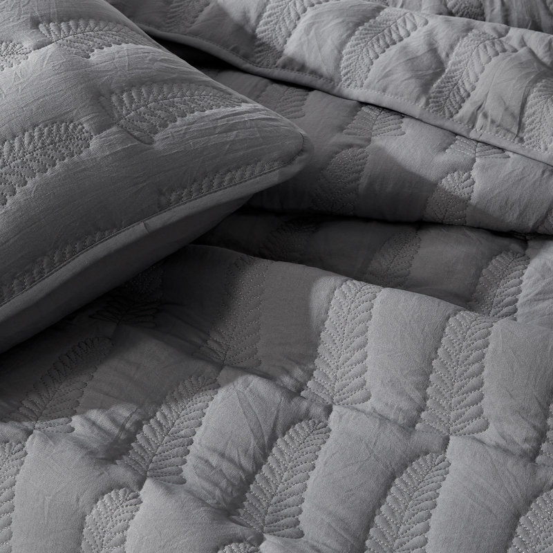 Embroidered Leaf Vintage Washed Quilt Set, Gray, Full/Queen Quilt + 2 Standard Shams