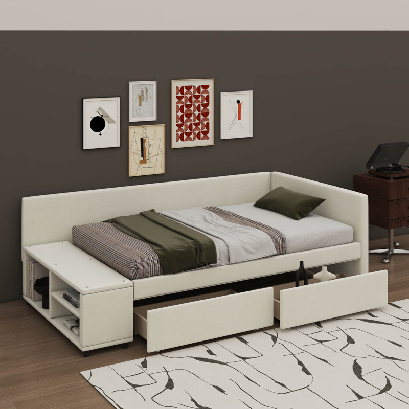 Lit plateforme simple en L tapissier avec tiroirs sous le lit, Beige