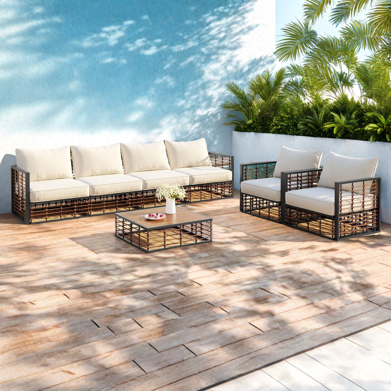 Ensemble de canapé modulaire de patio en métal 7 pièces Modern Modern, Noir/naturel