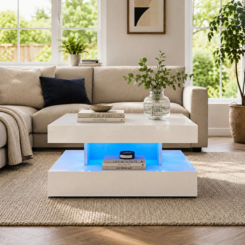 Charvez Square High Gloss LED Coffee Table with Open Storage, High Gloss White, 40cm H x 78cm W x 78cm D