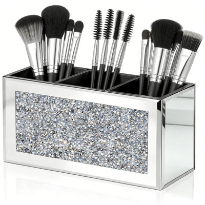 Organisateur de porte-pinceau à maquillage en miroir avec diamant concassé, 3 fentes | Porte-stylos et porte-crayons en cristal