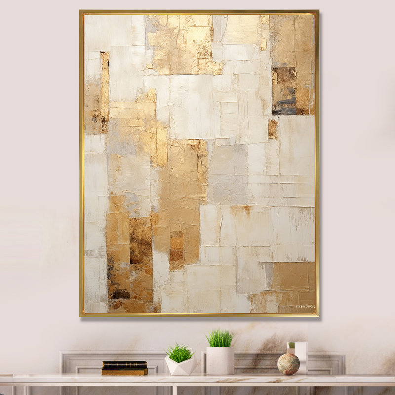 «Beige And Gold Dream Collage I», formes abstraites, art mural, Cadre flottant doré, H 40 po x l 30 po, Doré