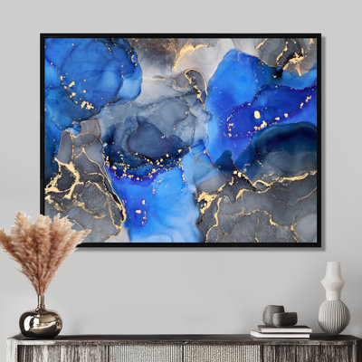 Blue and Black Luxury Abstract Fluid Art I - Abstract Painting on Canvas Print