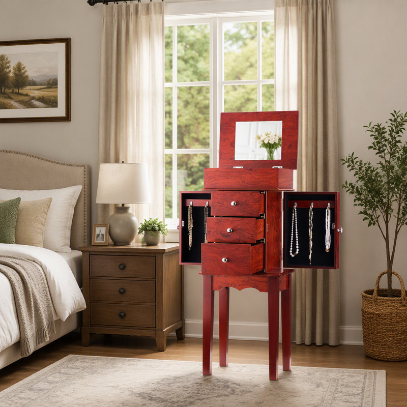Armoire à bijoux sur pied avec miroir et trois tiroirs pour un rangement organisé et une présentation élégante
