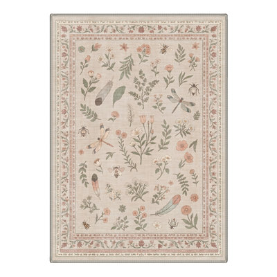 Adonis Aura Flora Boho Machine Washable Beige / Green Indoor Area Rug with Non-Slip Backing