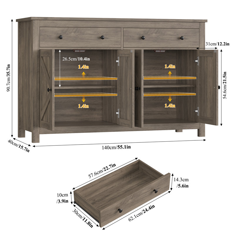Buffet moderne 55,1 po Zosia, armoires de rangement crédence, tablettes réglables, Gris rustique