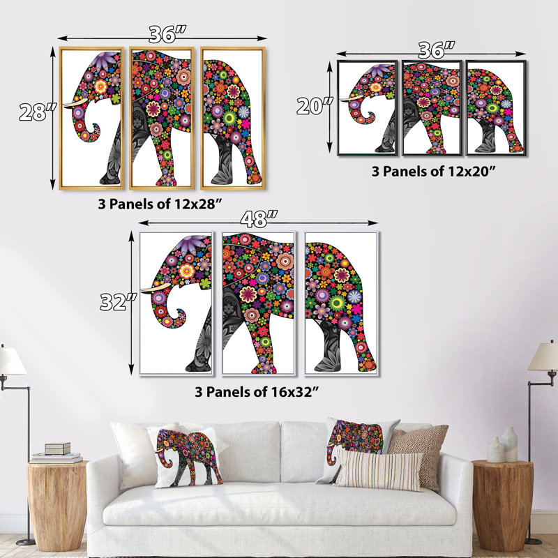 «Cheerful Elephant», ensemble d'art mural sur toile encadré 3 animaux, L 36 po x H 28 po, Noir