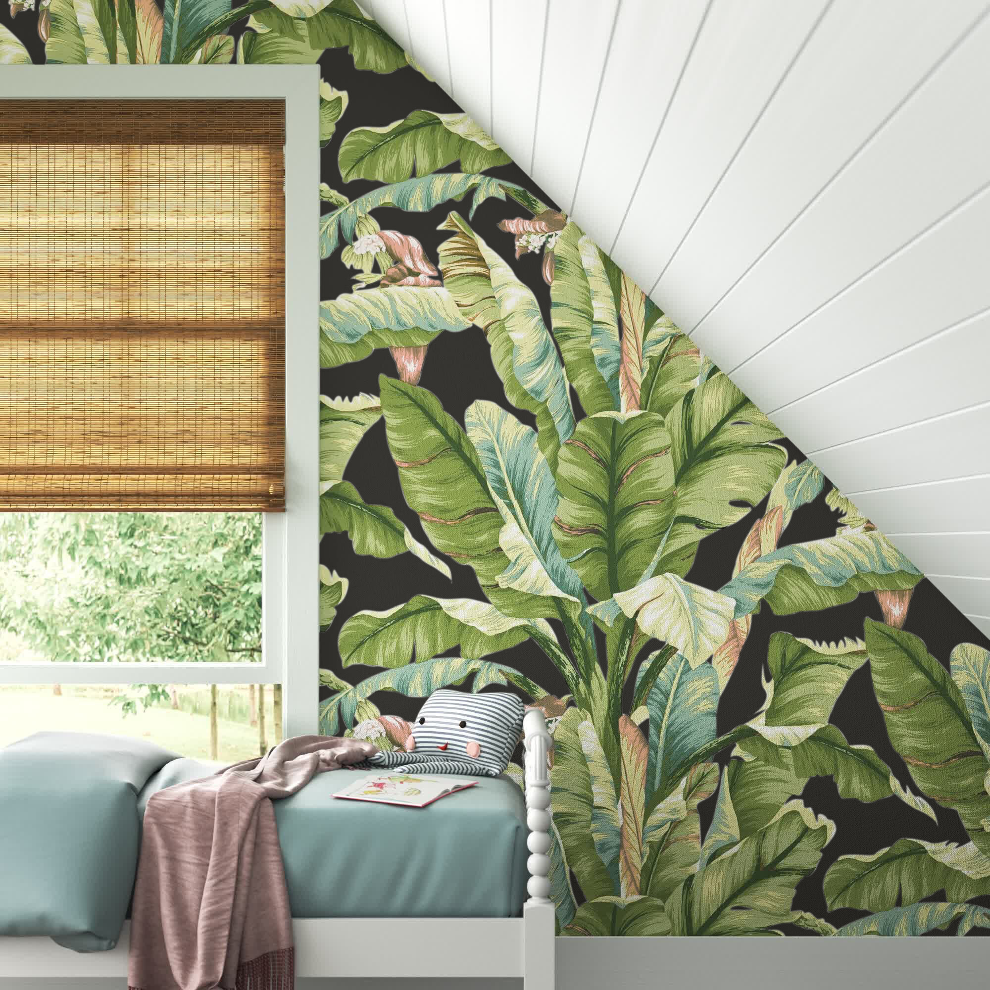 Banana Leaf White Black Peel and Stick Wallpaper PSW1037RL by York Wallpaper