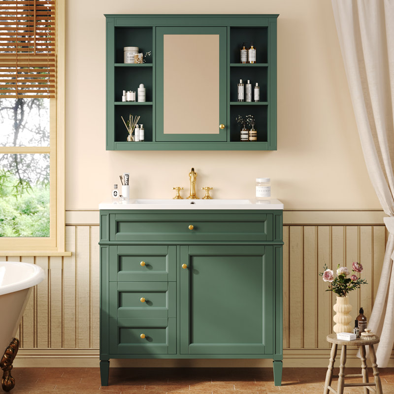 Armoire de rangement pour meuble-lavabo 36 po avec armoire à pharmacie, lavabo simple et 3 tiroirs 36 po, Vert
