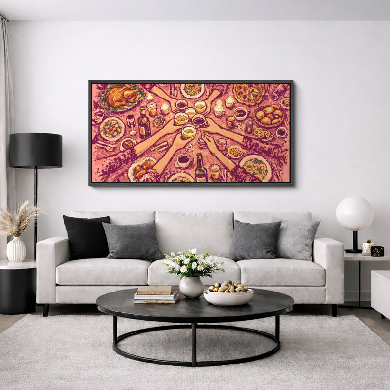 «Dinner Gathering», impression sur toile, impression sur toile encadrée, Cadre noir, H 30 po x l 60 po x P 1,5 po