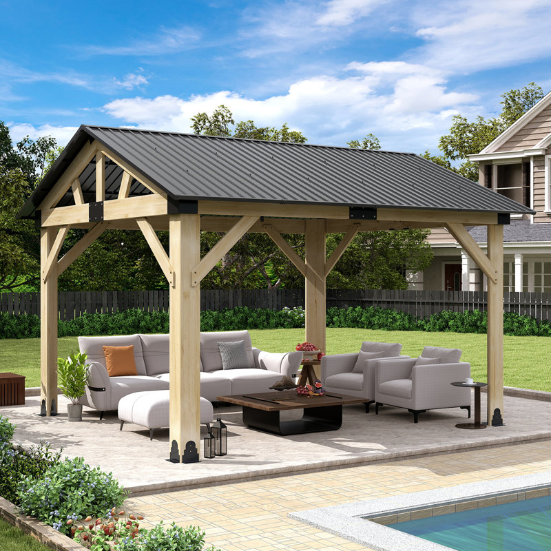 Outdoor Heavy Duty Wooden Gazebo with Galvanized Steel Hardtop Gazebo, 12' W x 10' D