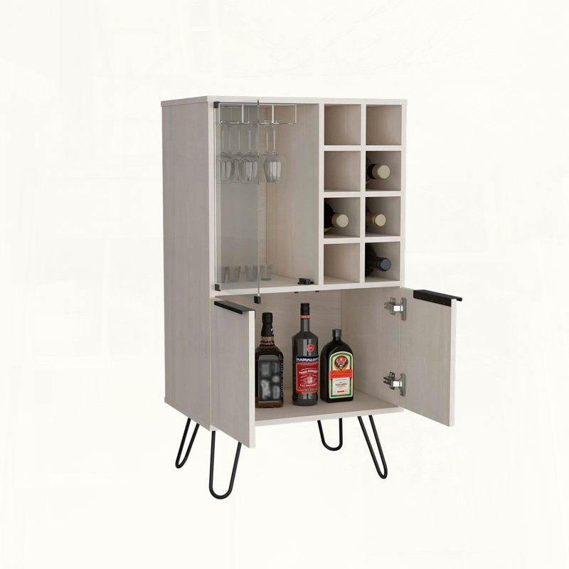 Armoire-bar étroite avec support à vin pour huit bouteilles et tablette coulissante