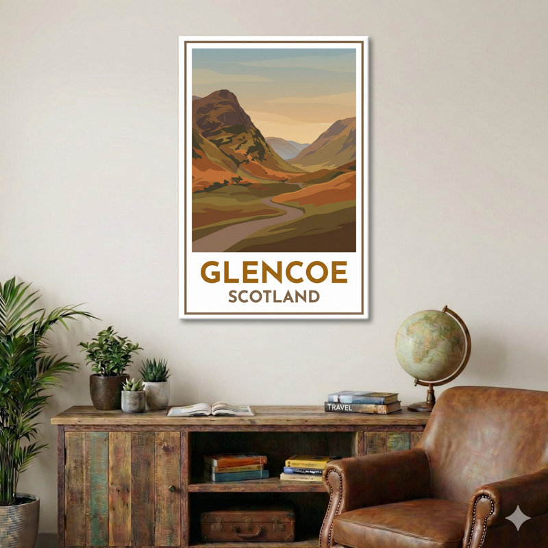 Glencoe, Scotland - Romantic Highlands Travel Poster Celebrating The Glen And Mountains. Giclee Print On Wrapped Canvas. Wall Art, Home Decor - Regions & Scenic Areas, Scotland - Wrapped Canvas Print