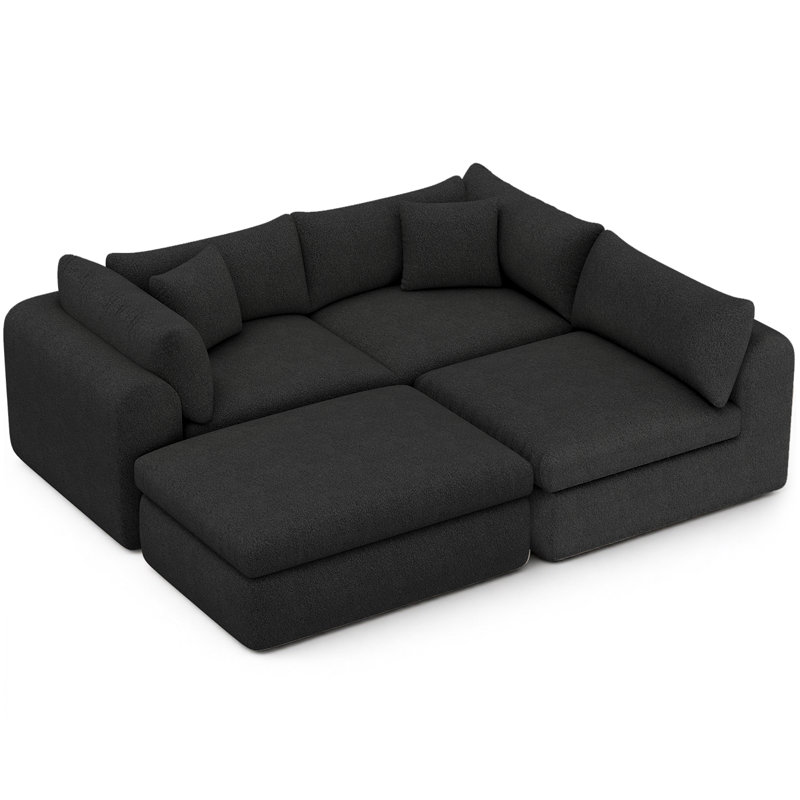 113" Modular Sectional Sofa Couches Boneless Convertible L-Shape Cloud Velvet Couch with 1Ottoman, No Assembly-Black
