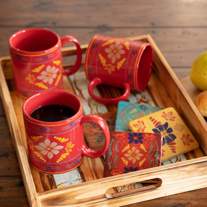 Ensemble de grandes tasses et sous-verres en céramique Talavera Western, Rouge