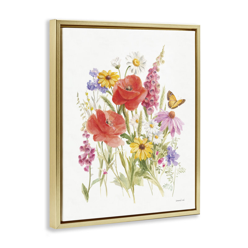 «Bright Flowers & Butterfly», art mural encadré par Danhui Nai, Cadre flottant métallique doré, H 21 po x l 17 po