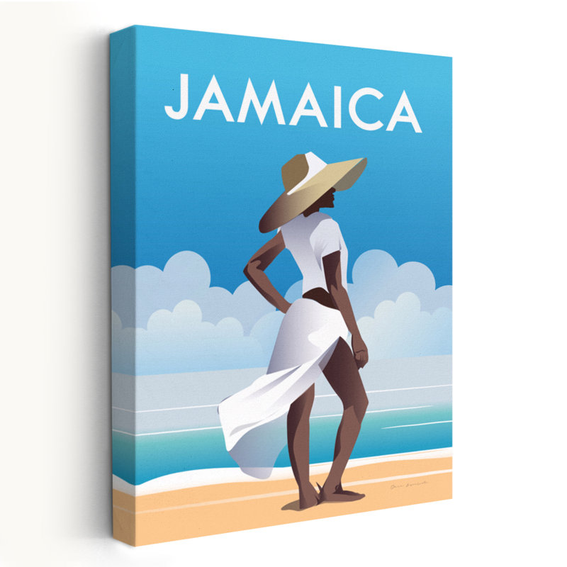 Jamaïque - Illustration contemporaine d'aventure en or bleu et blanc, H 24 po x l 16 po