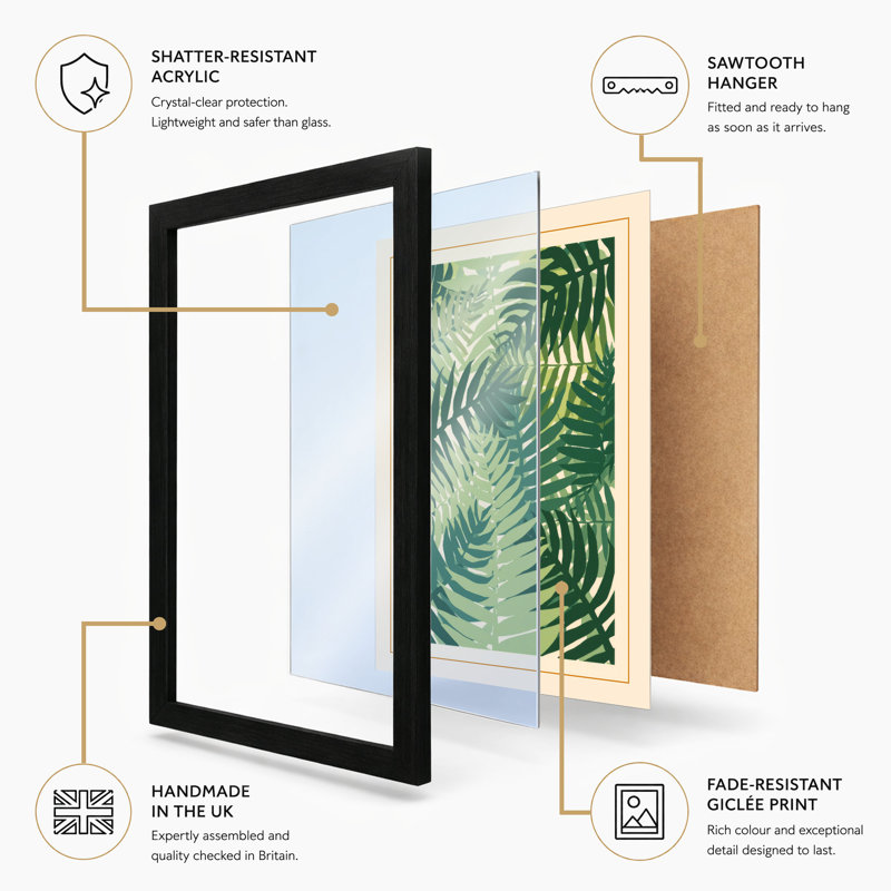 Layered Fern Fronds Botanical - Framed Print, A2 - 59.4 x 42.0 cm, Oak