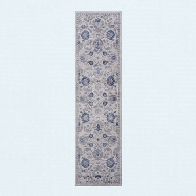 Runner Rug Synthetic Fiber Stain Resistant Non-Shedding Oriental Blue Silver Long 2' x 8'
