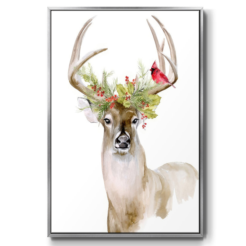 «Holiday Deer I», reproduction d'art sur toile, Encadrement argenté, H 37 po x l 25 po x P 1,5 po