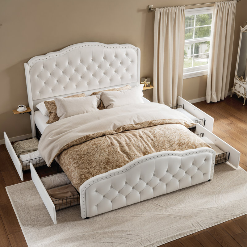  Lit double tapissier avec 4 tiroirs Maber, lit plateforme avec rangement et 2 tables de chevet, lit à oreilles en velours, aucun sommier requis, beige