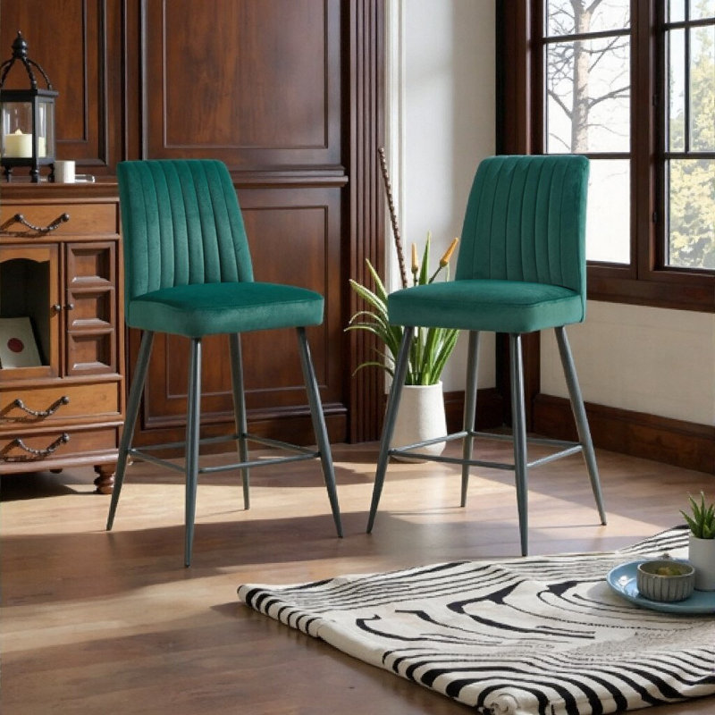 Tabourets de bar modernes réglables en velours vert avec pieds en fer (ensemble de 2) - parfaits pour la cuisine, le bar ou la salle à manger