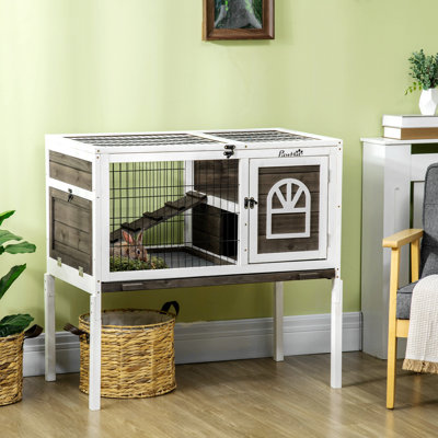 Cage à lapin en bois, cage de cochon d'Inde surélevée avec couloir, échelle, portes verrouillables et plateau amovible, café