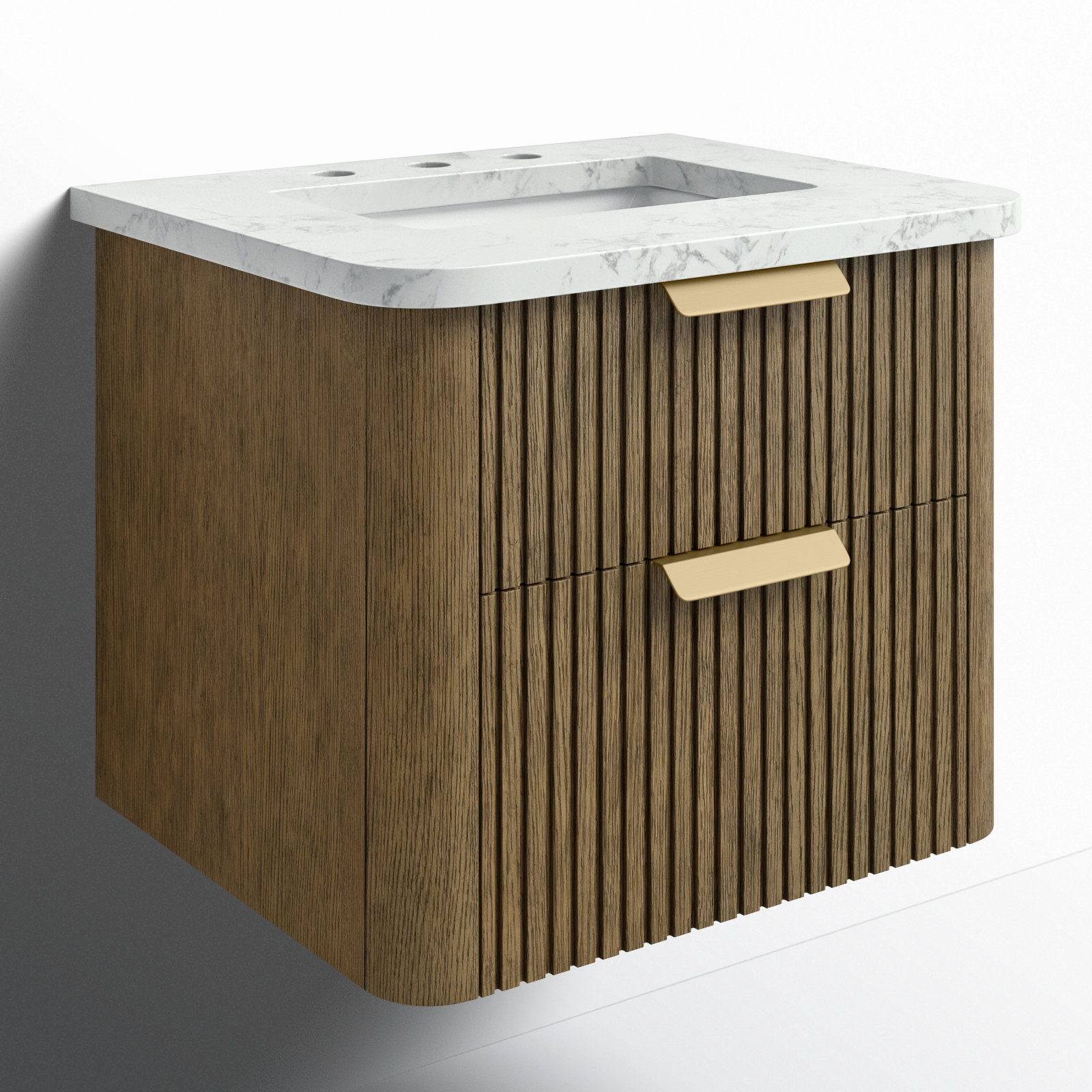 Liljan 24'' Wall-Mounted Single Bathroom Vanity with Engineered Stone Top, Aged Oak/Brushed Bronze