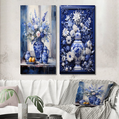 Blue And White Boho Plant Pottery IV - Boho Pottery Canvas Wall Art Set Of 2