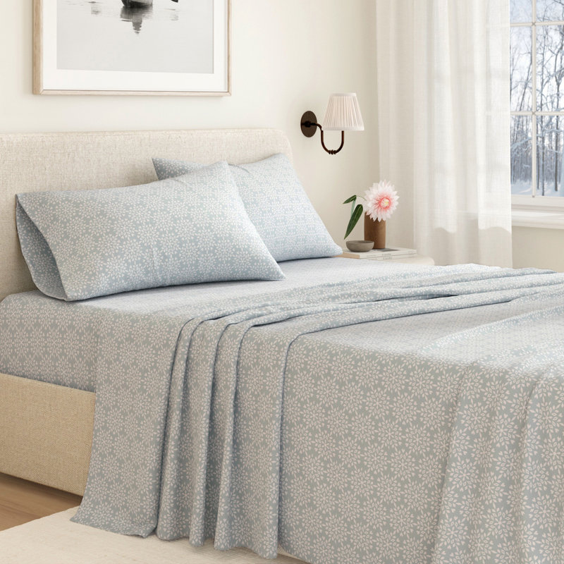 100% Turkish Cotton Winter Flannel Sheet Set, Snowflake - Mosaic Blue, Twin with 1 Pillowcase