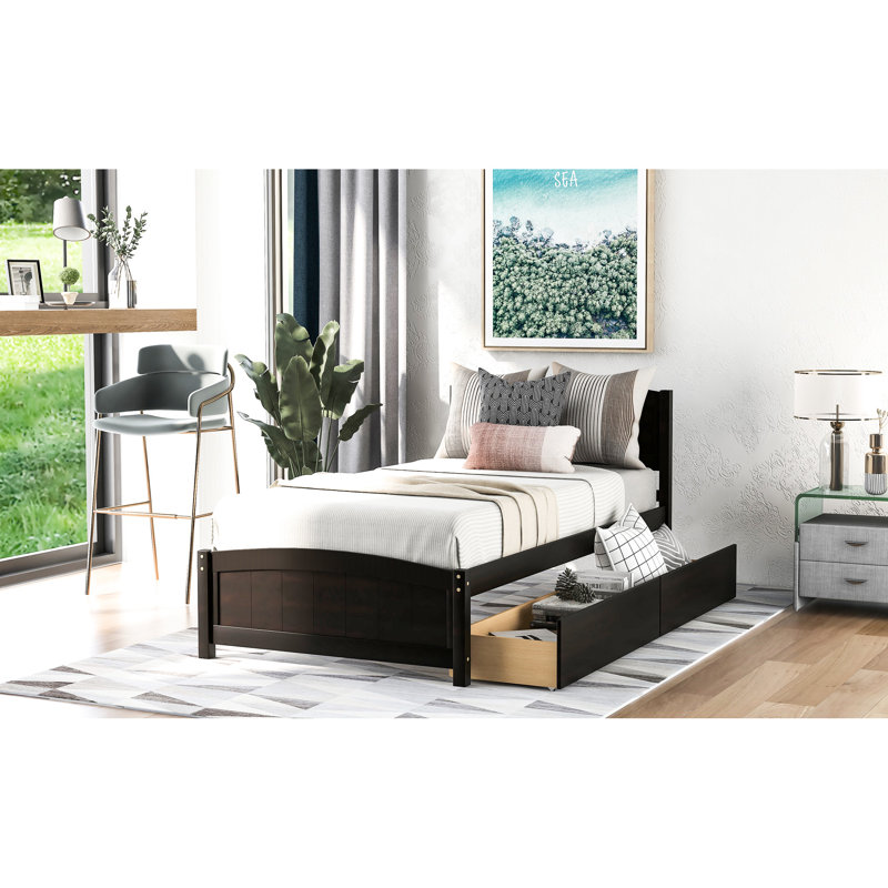 Lit plateforme simple avec deux compartiments de rangement - Bois massif pour une commode de chambre à coucher, Espresso