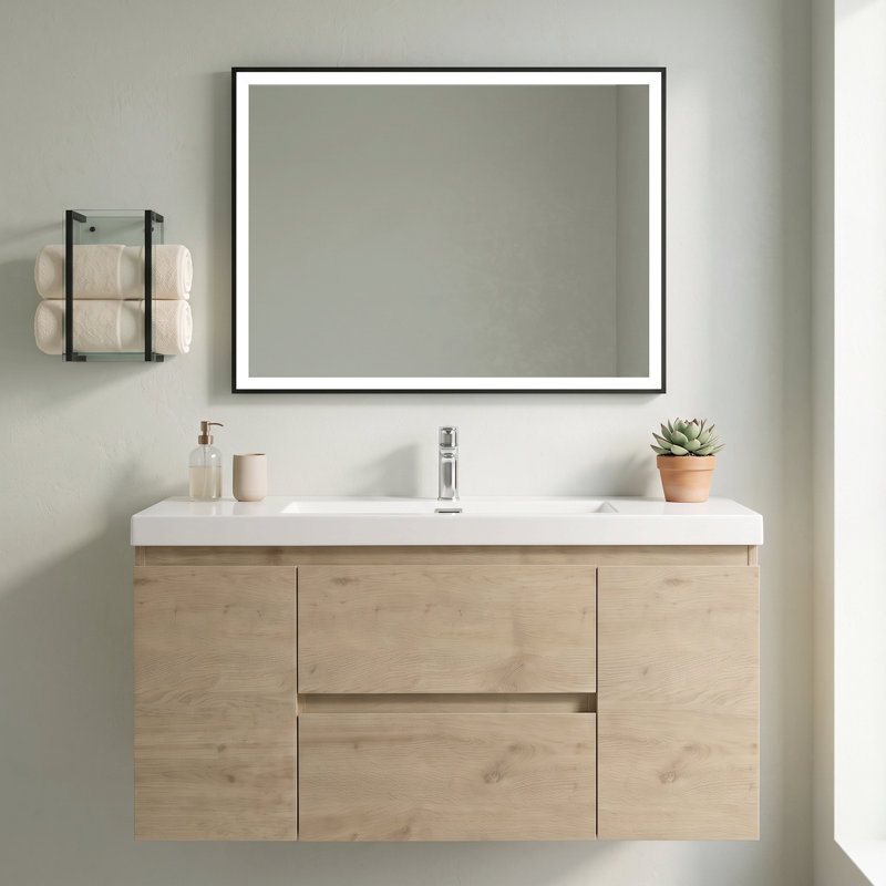 48" Wood Melamine  Wall‑Mount Bathroom Vanity Natural Wood, Wear‑resistant, anti‑scratch and non‑porous easy‑clean surface, Pre-Assembled