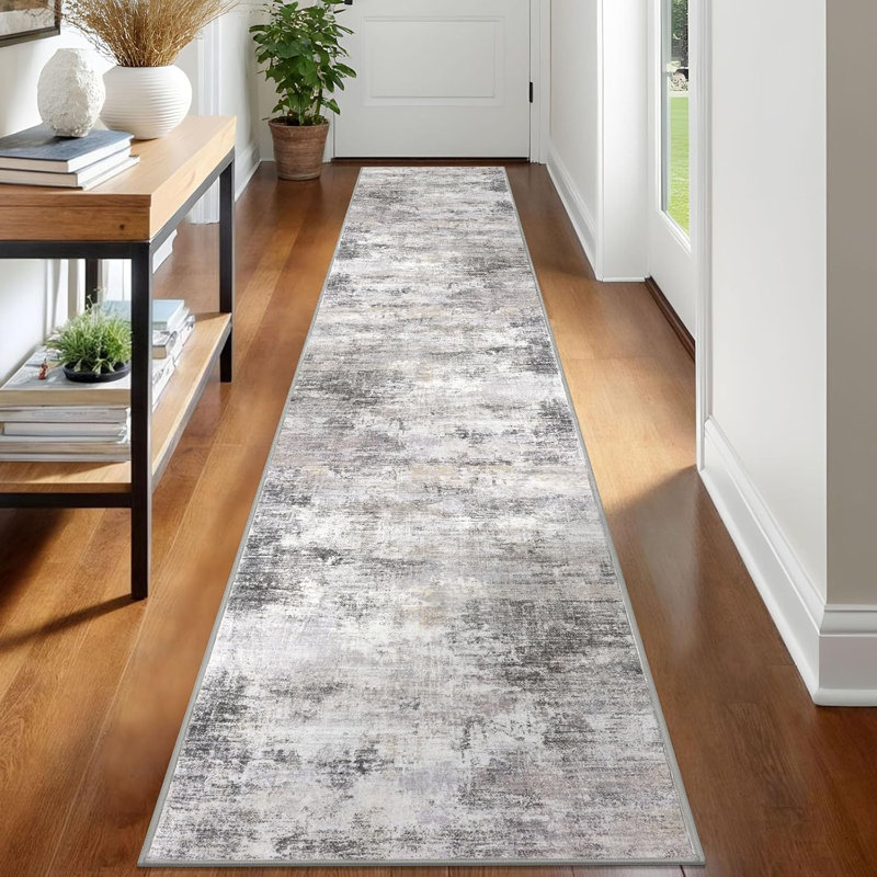 Abstract Kitchen Runner Rug Washable, 2' x 12' (Runner), Ash Grey/Beige