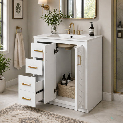 Ensemble de meuble-lavabo 30 po avec lavabo en céramique, armoire de rangement en bois massif, ensemble de meuble-lavabo autoportant avec 3 tiroirs et portes à fermeture douce