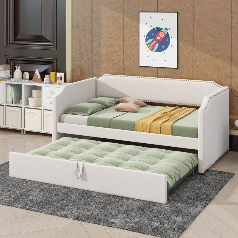 Lit de jour simple revêtu de velours avec lit gigogne escamotable, Beige