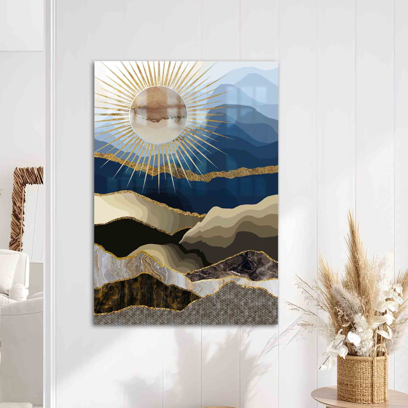 Soleil et montagne, paysage imprimé sur verre trempé, art mural avec un soleil pour une décoration moderne