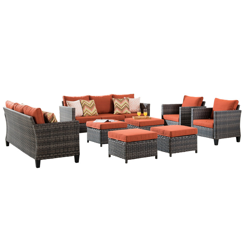 8 - Person Patio Conversation Set with Cushions, Orange Red