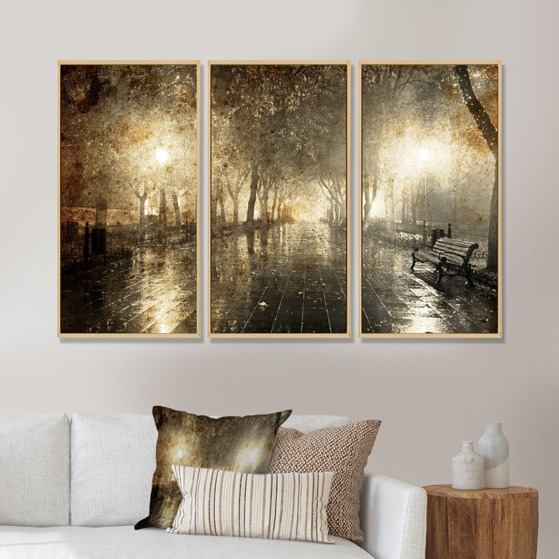 Night Alley with Lights - Ensemble d'art mural sur toile encadré paysage de 3, H 20 po x l 36 po, Brun