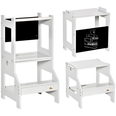 Escabeau de cuisine pour enfants, ensemble de table de cuisine 2 en 1 pour tout-petit, tour debout avec tableau noir, barrière de sécurité