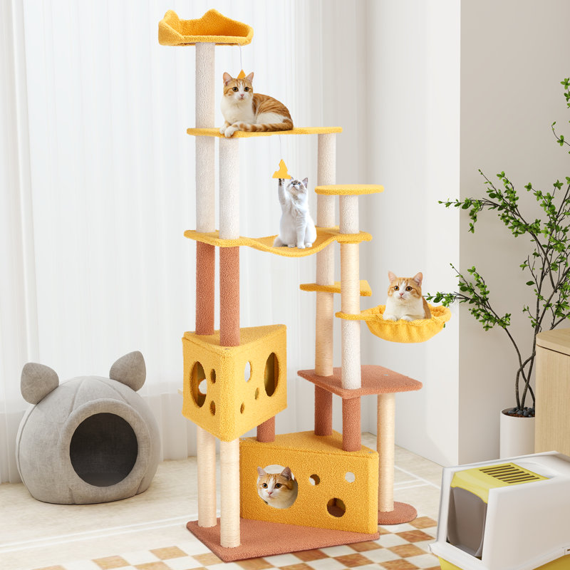 Arbre à chat 72,4 po, tour d'arbre à chat à plusieurs niveaux avec hamac, perchoir supérieur et poteaux à griffer en sisal, conception mignonne en forme de fromage pour chats d'intérieur, maison de chat confortable et articles amusants pour chat