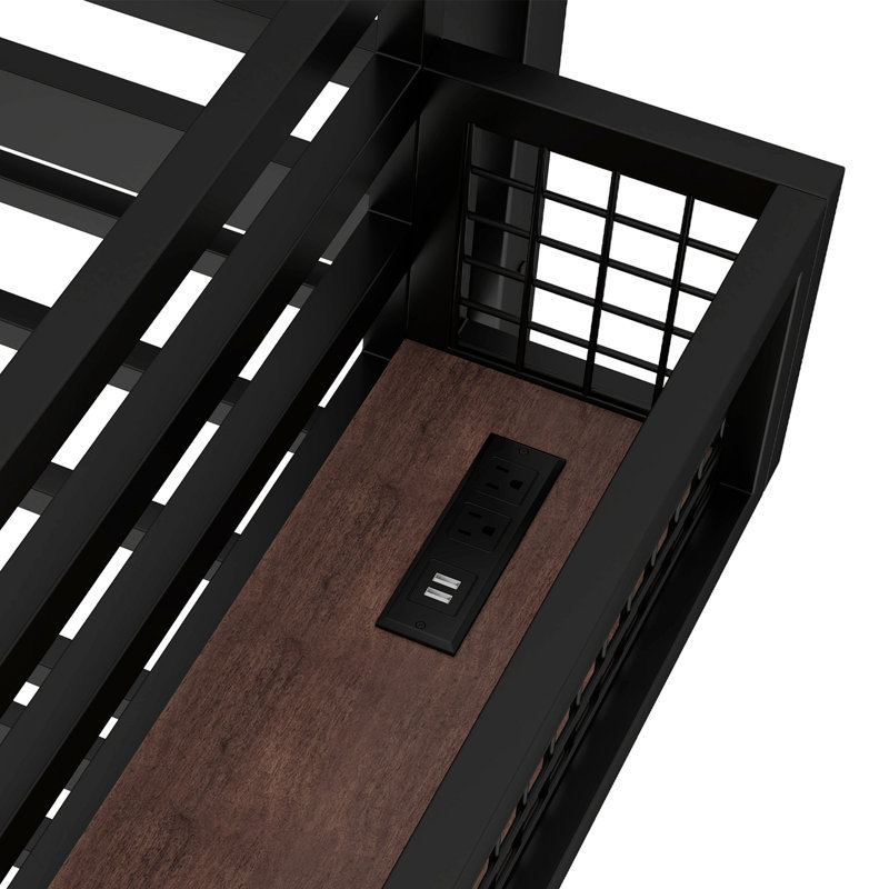 Structure de lit simple TG avec bureau, panier de rangement, lit mezzanine en métal avec horloge et port de charge, noir