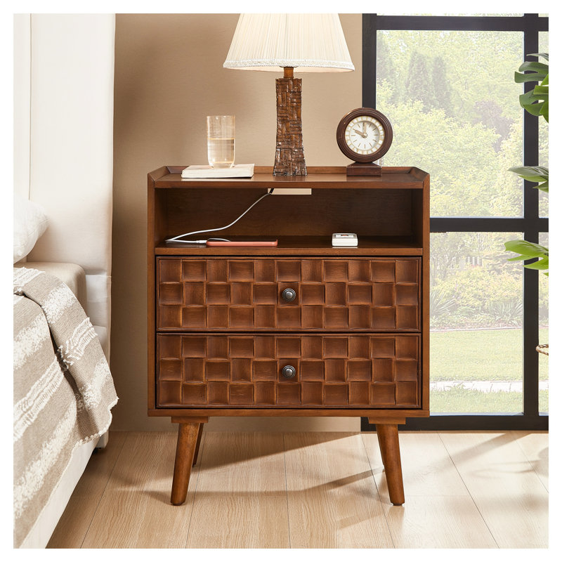 Table de chevet en noyer avec station de recharge, table de nuit à 2 tiroirs avec tablette ouverte, pieds en bois massif, multiprise certifiée ETL pour chambre à coucher