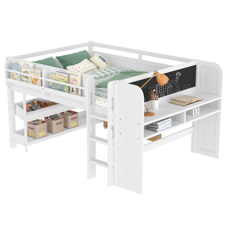 Full Loft Bed with Desk, Storage Drawers & Bookcases, Solid Wood Low Loft Bed with Blackboard, No Box Spring, White, White