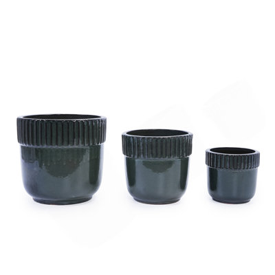 Handmade Ceramic Planter Set Of 3, 15/14/9 Inch Diameter, Black Ribbed Pattern, For Succulents Indoor/Outdoor Use On Windowsill & Bookshelf, Breathable Clay