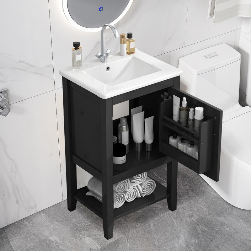 Meuble-lavabo de 20 po avec lavabo, support de rangement et tablette ouverte, Noir
