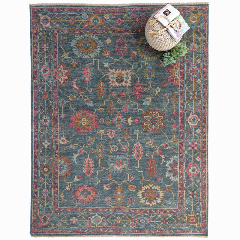 Elan Hand Knotted Wool Oriental Area Rug in Blue, Rectangle 5' x 8'