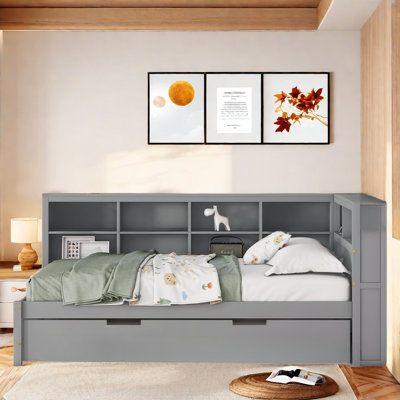 Wooden Daybed With Trundle, Storage Shelf And Usb Charging Ports