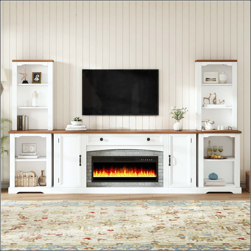 Meuble audio-vidéo 3 pièces avec foyer électrique, Oui, Blanc