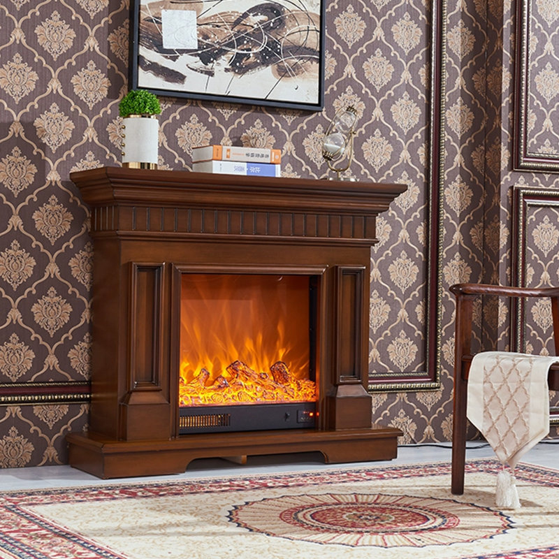 Brown Solid Wood Electric Fireplace, Brown