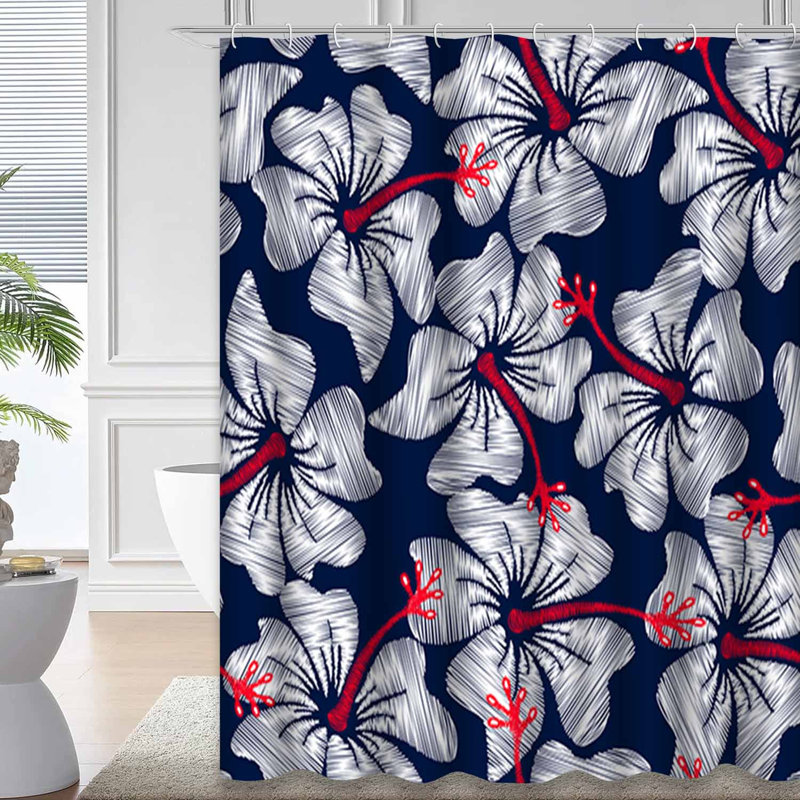 White Hibiscus Tropical Floral Navy Shower Curtain with 12 Hooks, 72" L x 84" W